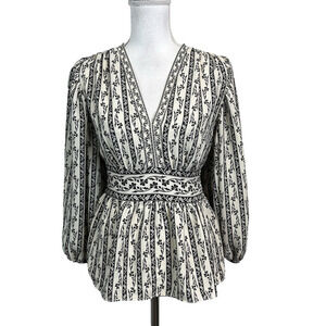 Max Studio Blouse size Extra Small Black Ivory Floral Peasant Boho Wedding Slim